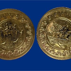 Set of 2 Vintage Brass Decorative 12” Equestrian Wall Plates from England
